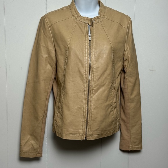Express Women's Tan Faux Leather Short Zip Up Jacket Size M - Picture 1 of 6